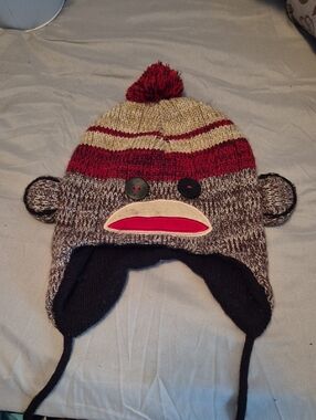 Knit Monkey Pom-Pom Earflap Hat in Brown & Red